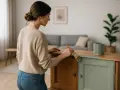 Kobieta maluje mebel z okleiny na zielono. Szuka idealnej farby do mebli z okleiny, by odnowić komodę.