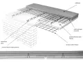 Schemat stropu filigran: prefabrykowana płyta, zbrojenie górne i dolne, nadbeton, kratownica i zbrojenie styków.