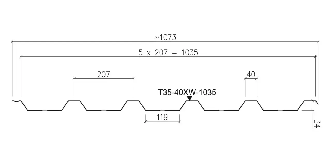 Profil blachy trapezowej T35-40XW-1035. Wymiary: 1073 mm całkowita szerokość, 1035 mm krycia, 207 mm rozstaw żeber, 40 mm wysokość profilu, 34 mm wysokość fali.