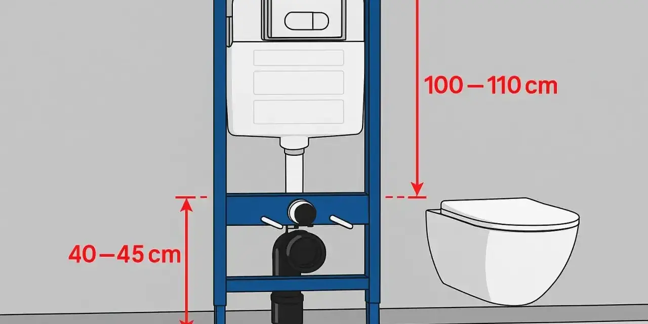 Schemat instalacji podtynkowej. Wymiary geberitu: wysokość 100-110 cm, odległość od podłogi 40-45 cm. Obok widoczna miska WC.