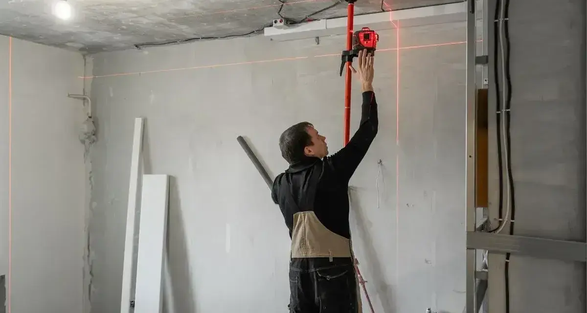 Budowlaniec ustawia laser, który wyznacza idealny pion murarski. Czerwone linie lasera przecinają pomieszczenie, pomagając w precyzyjnym montażu.