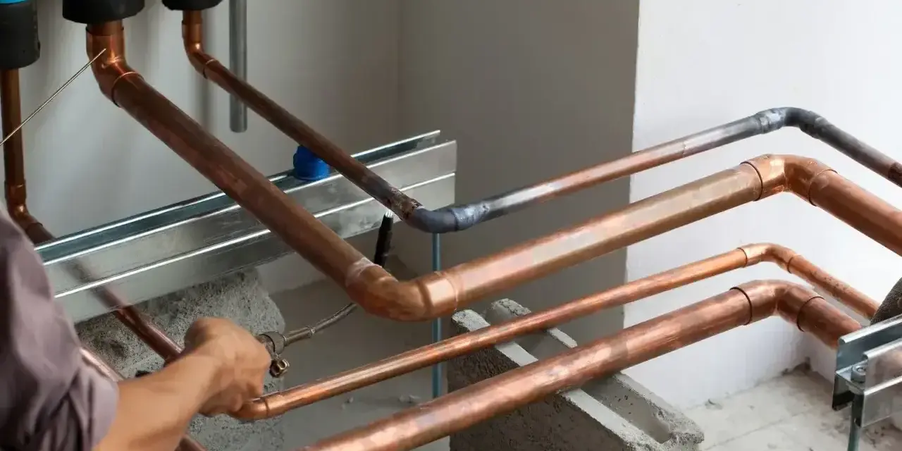 Instalator wykonuje lutowanie twarde miedzianych rur. Widać palnik i drut spawalniczy.