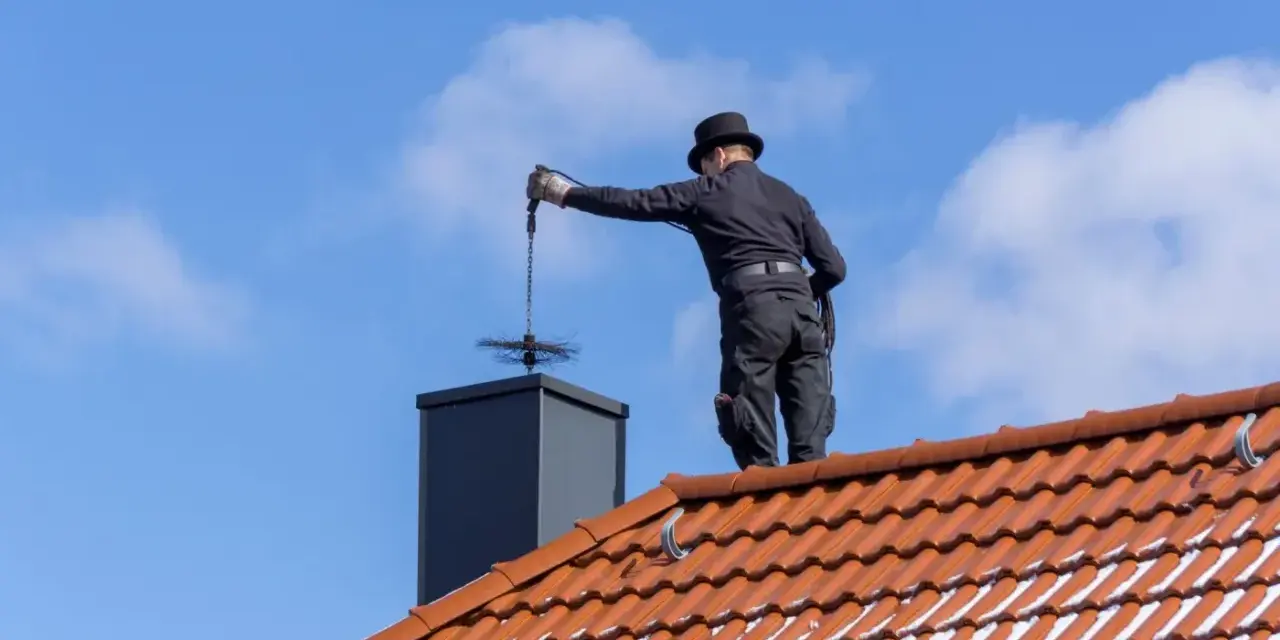 Kominiarz w cylindrze wykonuje przegląd kominiarski, czyszcząc komin na dachu pokrytym dachówką.