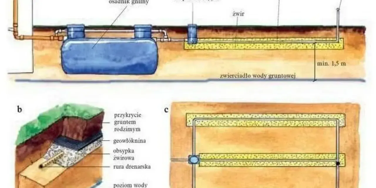Schemat oczyszczalni ścieków: osadnik gnilny, studzienka rozprowadzająca, rury drenażowe z perforacją, żwir, kominek napowietrzający. Warstwy gruntu i poziom wód gruntowych.