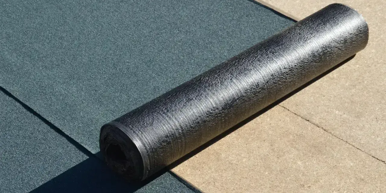 Rolka papy z połyskującą folią aluminiową leży na ciemnozielonej powierzchni.
