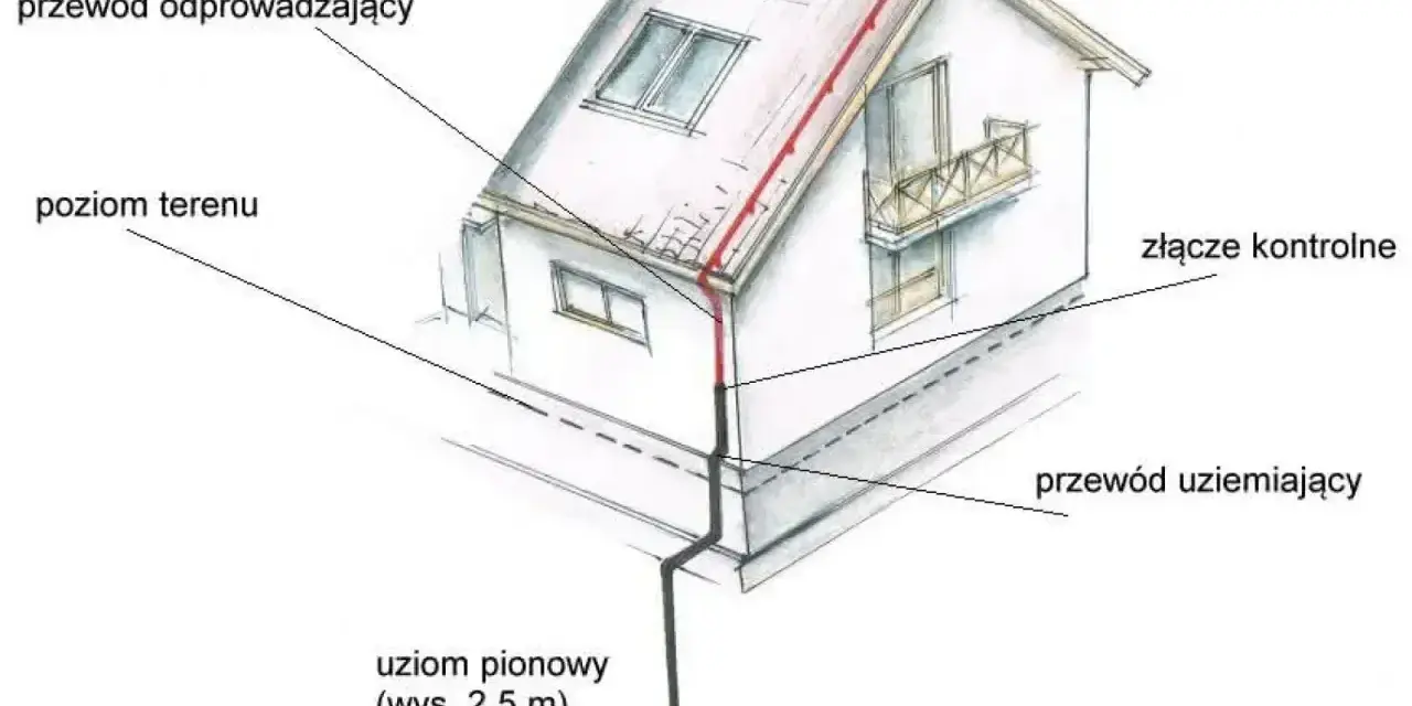 Schemat uziemienia domu: przewód odprowadzający z dachu do uziomu pionowego (2,5 m), przewód uziemiający i złącze kontrolne.