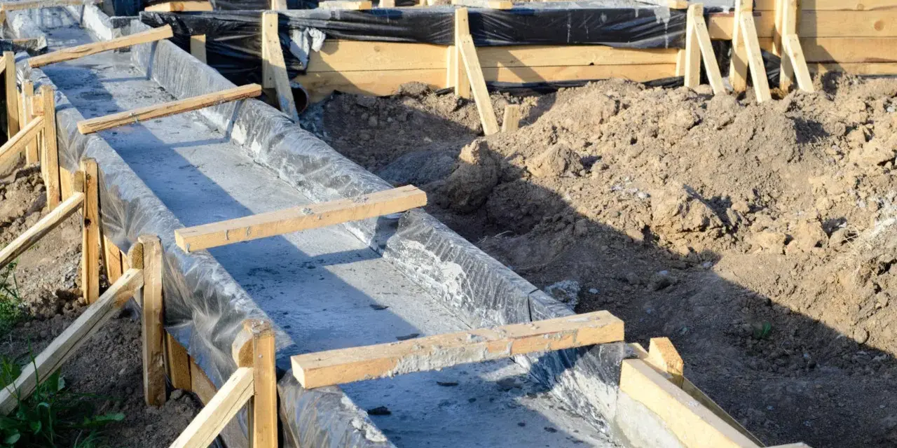 Budowa fundamentów: betonowe ławy w drewnianym szalunku, wyłożone czarną folią.