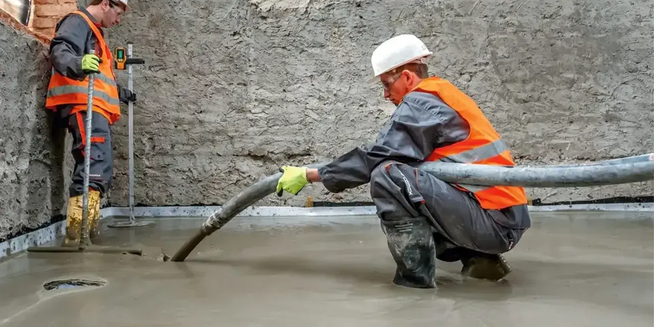 Dwóch budowlańców w kamizelkach odblaskowych wylewa pianobeton. Jeden kieruje wąż, drugi kontroluje poziom.