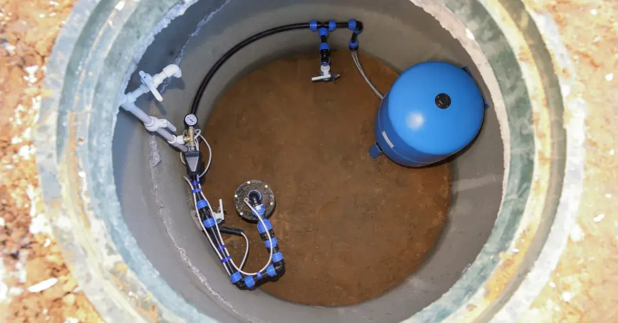 Wykończenie studni głębinowej: niebieski zbiornik hydroforowy i instalacja rurowa z manometrem.
