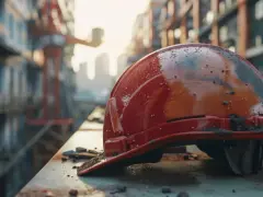 Czerwony kask budowlany, pokryty kurzem i brudem, leży na metalowej belce. W tle widać zarys budowy i dźwig. To znak, że wiecha na budowie jest blisko!