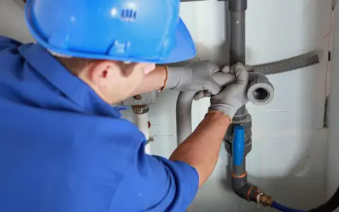 Instalator montuje odpowietrzenie kanału sanitarnego w domu parterowym.