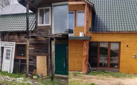 Dom po remoncie: stara, drewniana chata zyskała nowe, żółte oblicze. Widać nową stolarkę okienną i drzwiową, a także odnowiony dach. To prawdziwa metamorfoza!
