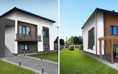 Nowoczesny projekt elewacji starego domu z drewnianymi akcentami i betonowymi elementami.