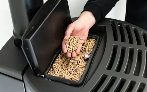 Dłoń wsypuje pellet do nowoczesnego pieca. Idealny wybór, jaki piec na pellet do domu 120m2 zapewni ciepło i komfort.