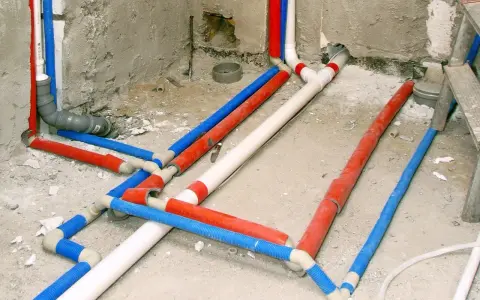Skomplikowana instalacja wodna z rurami w kolorach czerwonym, niebieskim i białym, przygotowana do ukrycia pod tynkiem.