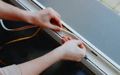 Dłonie przyklejają białą uszczelkę do ramy okna, kończąc wymianę uszczelek w oknach.