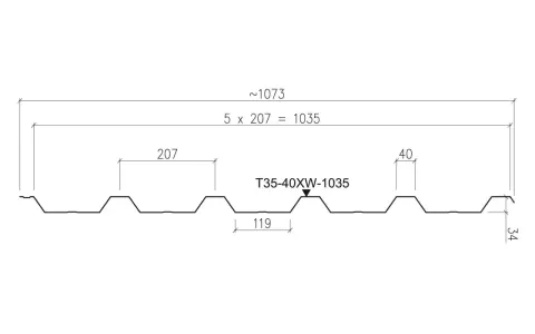Profil blachy trapezowej T35-40XW-1035. Wymiary: 1073 mm całkowita szerokość, 1035 mm krycia, 207 mm rozstaw żeber, 40 mm wysokość profilu, 34 mm wysokość fali.