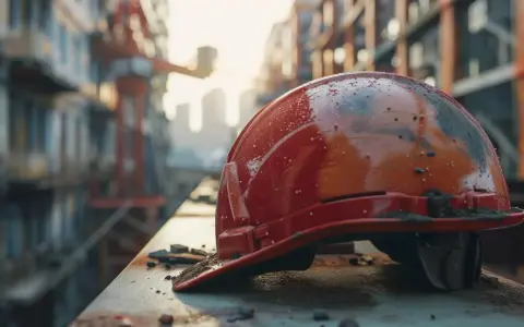 Czerwony kask budowlany, pokryty kurzem i brudem, leży na metalowej belce. W tle widać zarys budowy i dźwig. To znak, że wiecha na budowie jest blisko!