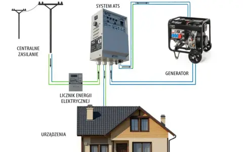 Schemat pokazuje, jak podłączyć agregat do domu: zasilanie, licznik, system ATS i generator współpracują, by zapewnić prąd.