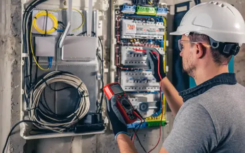Elektryk w kasku przeprowadza przegląd instalacji elektrycznej, używając multimetru do pomiarów.
