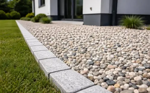 Nowy, schludny podjazd z kamyków i betonowa opaska wokół domu tworzą estetyczną całość.