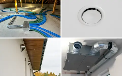 System wentylacji mechanicznej z rekuperatorem. Widać czerpnię i wyrzutnię powietrza na ścianie budynku, a także rozbudowaną sieć kanałów w poddaszu.