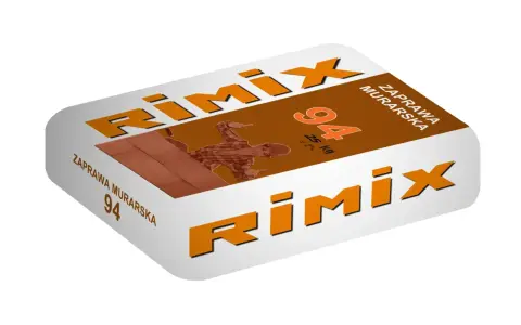 Opakowanie zaprawy murarskiej Rimix 94, 25 kg, z wizerunkiem murarza.