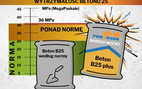 Wykres porównuje wytrzymałość betonu B25. Beton B25 plus jest ponad normę, idealny na strop.