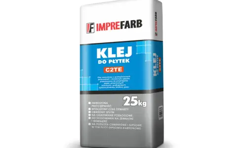 Imprefarb Klej do płytek C2TE 25kg – idealny do płytek ceramicznych, na ogrzewanie podłogowe, wewnątrz i na zewnątrz.