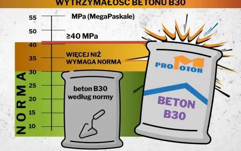 Wykres porównuje wytrzymałość betonu B30 z normą. Beton B30, nawet ten według normy, przekracza wymagania. Beton C25/30 to inny rodzaj betonu.
