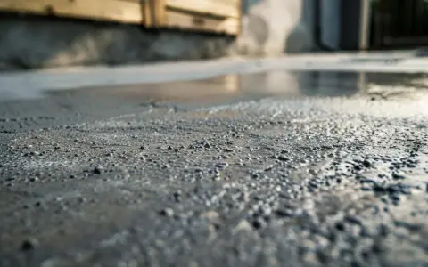 Zbliżenie na mokrą powierzchnię, gdzie trwa ręczne zacieranie betonu cementem. Widać drobne kamyczki i nierówności.