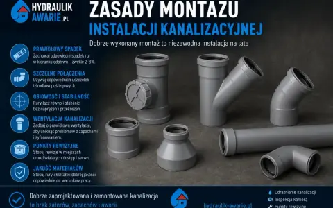 Zasady montażu kanalizacji: prawidłowy spadek rur (min. 2-3% dla rury 160), szczelne połączenia, wentylacja, punkty rewizyjne.
