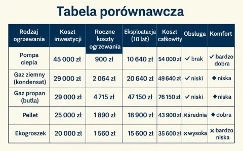 Tabela porównuje koszty ogrzewania. Pompa ciepła ma wysoki koszt inwestycji, ale niskie roczne koszty i eksploatacji, co wpływa na całkowity koszt.