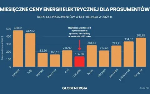 Wykres pokazuje miesięczne ceny energii elektrycznej dla prosumentów w net-billingu w 2025 r. Zastanawiasz się, ile kosztuje fotowoltaika? Ceny wahają się od 136,30 zł do 480,01 zł.