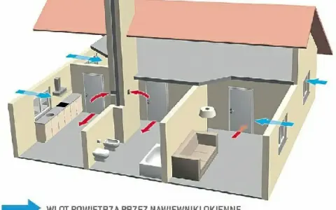 Schemat wentylacji grawitacyjnej w domu: niebieskie strzałki pokazują napływ świeżego powietrza, czerwone – cyrkulację i wylot.