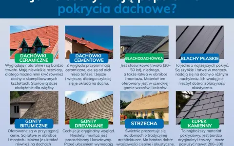 Różne rodzaje dachówek: ceramiczne, cementowe, blachodachówka, blachy płaskie, gonty bitumiczne, gonty drewniane, strzecha, łupek kamienny.