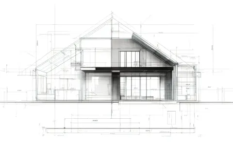 Szkic architektoniczny nowoczesnego domu z widokiem przekroju, wymiarami i detalami. Idealny do planowania kredytu na dom.