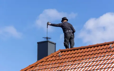 Kominiarz w cylindrze wykonuje przegląd kominiarski, czyszcząc komin na dachu pokrytym dachówką.