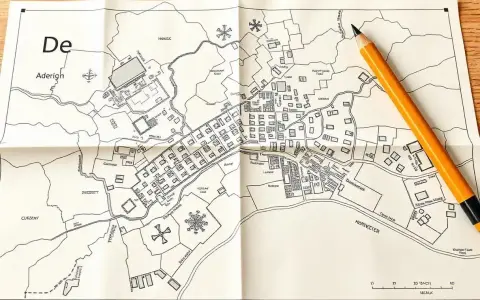 Mapa zasadnicza działki przedstawia szczegółowy plan miasta z budynkami, drogami i rzeką. Obok leży żółty ołówek.
