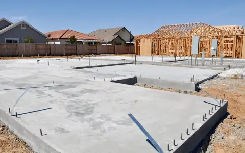 Fundament domu z chudego betonu, z widocznymi zbrojeniami i instalacjami. W tle powstaje drewniana konstrukcja domu.