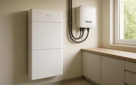 Nowoczesny magazyn energii do domu, biały, modułowy, zamontowany na ścianie obok falownika.