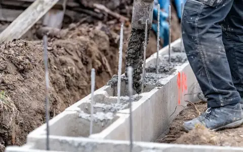 Betoniarka wylewa beton do szalunku. Pracownik w czarnych spodniach nadzoruje proces, który jest kluczowy, by wiedzieć, jak obliczyć kubik betonu.