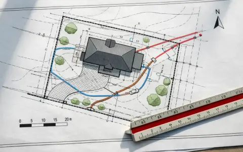Plan zagospodarowania terenu z domem, drzewami i zaznaczonymi instalacjami. Widoczna linijka geodezyjna i skala.