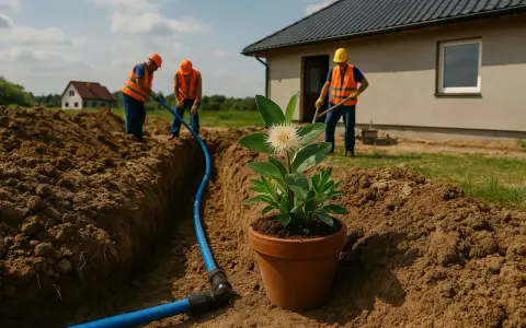 Pracownicy w kamizelkach wykonują przyłącze wody, układając niebieską rurę w wykopie. W doniczce obok rośnie kwiat.