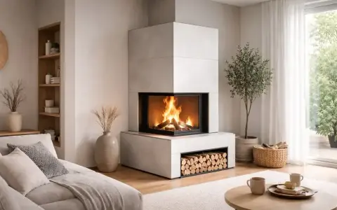 Nowoczesny kominek w salonie, obłożony betonem architektonicznym, z palącym się ogniem i drewnem w podstawie.
