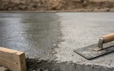 Świeżo wylany, mokry beton czeka na wykończenie. Obok leży kielnia, gotowa do pracy. Szybki beton to podstawa solidnej budowy.