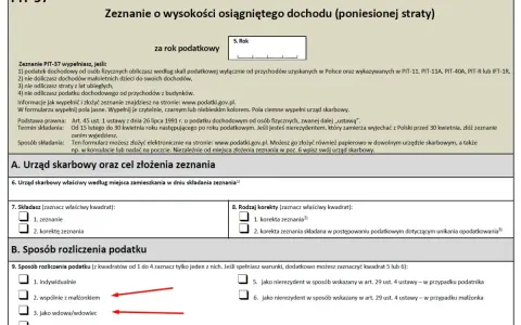 Formularz PIT-37, sekcja B. Sposób rozliczenia podatku. Możliwość rozliczenia indywidualnie, wspólnie z małżonkiem, jako wdowa/wdowiec lub osoba samotnie wychowująca dzieci. Podatek od sprzedaży.