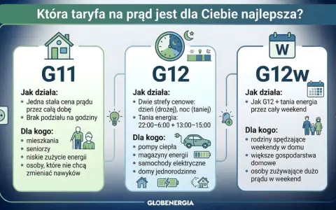 Porównanie taryf prądu: G11, G12 i G12w. Taryfa G12w Tauron oferuje tani prąd przez cały weekend, idealna dla rodzin i domów z dużym zużyciem energii w te dni.
