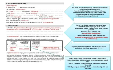 Wniosek o wyznaczenie strefy wielofunkcyjnej dla działki ew. nr 65 w Wołominie. Podano identyfikator działki, co jest ważne przy ustalaniu podatku od nieruchomości.