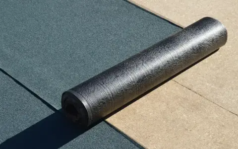 Rolka papy z połyskującą folią aluminiową leży na ciemnozielonej powierzchni.